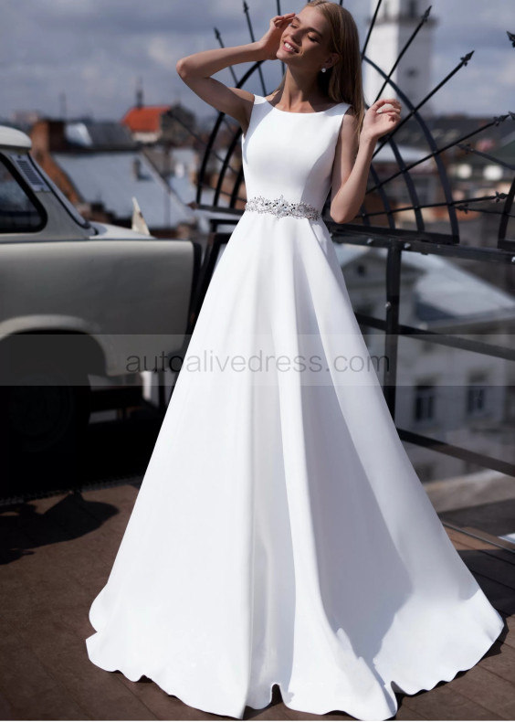 White Satin V Back Wedding Dress With Beaded Belt